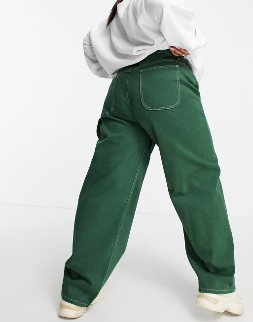 ASOS DESIGN Curve mid rise oversized 'skater' jeans in racing green with contrast white thread, 2 of 4