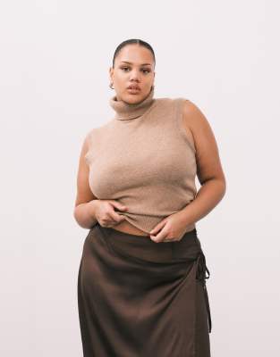 Asos Curve Asos Design Curve Mid Weight Fitted High Neck Tank Top In Neutral