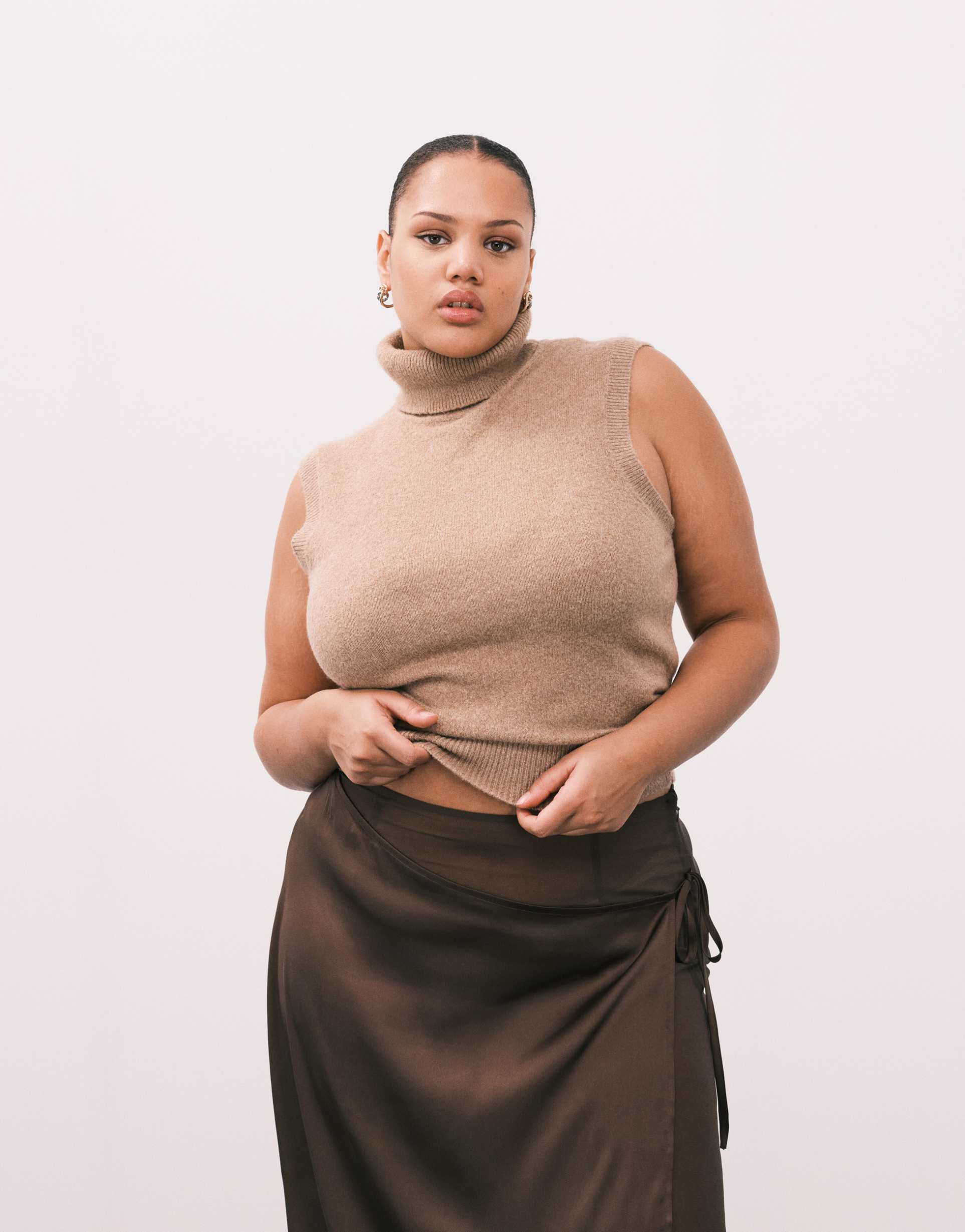 asos design curve mid weight fitted high neck tank top in camel - part of a set