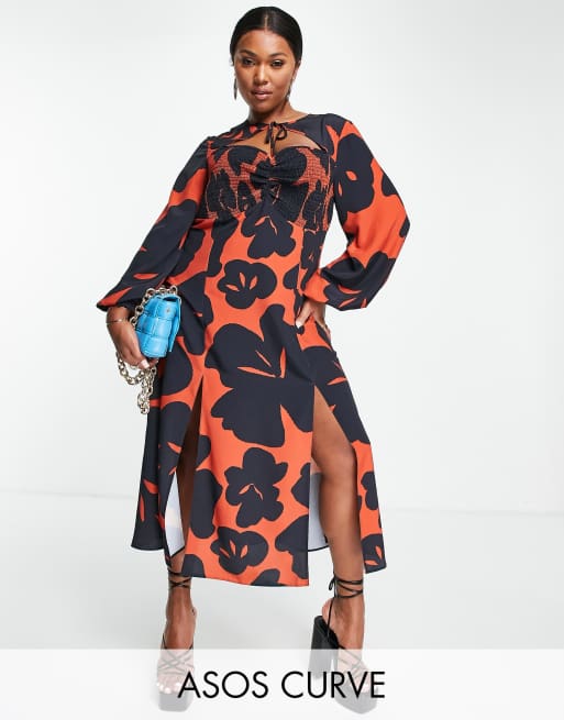 ASOS DESIGN Curve midaxi dress with shiring and tie neck in 70s floral print