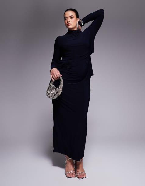 ASOS DESIGN Curve - Midaxi jurk met lange mouwen, gerimpeld detail en gedraaide open achterkant in marineblauw - view 1