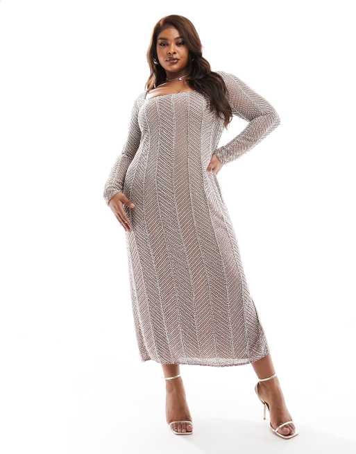 ASOS DESIGN Curve - Midaxi jurk met versiering, lange mouwen en visgraatmotief in zilver