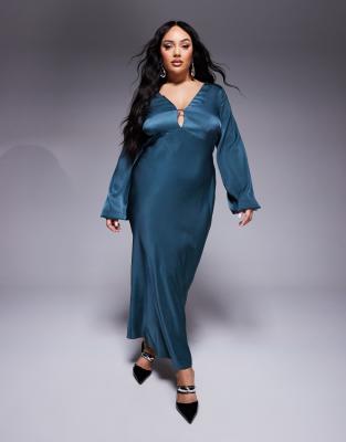 ASOS DESIGN Curve - Midaxi-Kleid aus Satin in dunklem Petrol mit Blousonärmeln und V-Ausschnitt-Grün