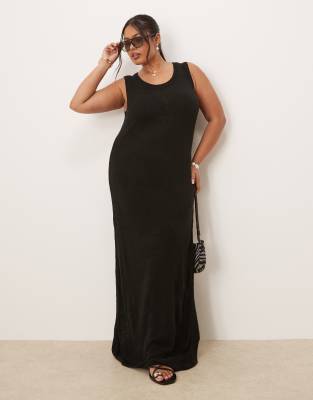 ASOS DESIGN Curve - Midaxi-Kleid aus Strukturstrick in Schwarz mit U-Ausschnitt