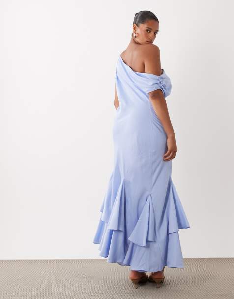 ASOS DESIGN Curve – Midaxi-Kleid in Blau mit abfallender Schulterpartie und asymmetrischem Godet-Saum - view 1