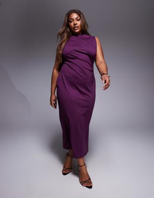 ASOS DESIGN Curve - Midaxi-Kleid in Pflaume mit hohem U-Boot-Ausschnitt und Faltendetails-Lila
