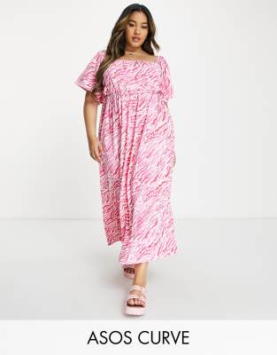 ASOS DESIGN Curve - Midaxi-Strandkleid mit Flatterärmeln und rosa Zebramuster-Bunt