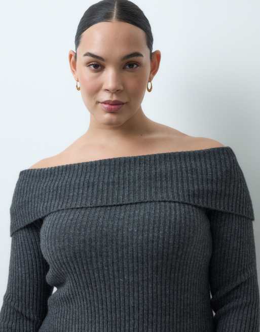 ASOS DESIGN Curve Midaxi-Strickkleid mit offenem Rücken und Bardot-Ausschnitt in Anthrazit, 3 von 4