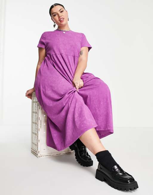 ASOS DESIGN Curve midaxi t-shirt smock dress with tie back detail in washed  purple | ASOS