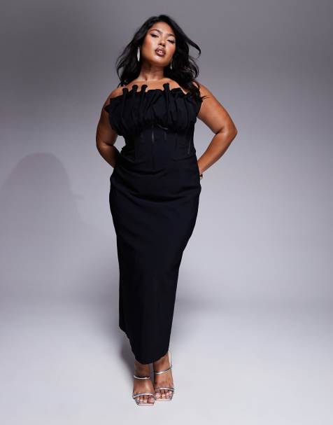 ASOS DESIGN Curve - Midi bandeau-jurk met korset en grote ruches in zwart - view 1