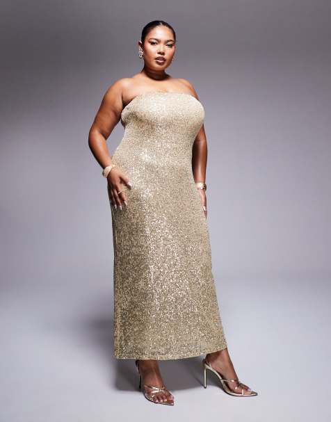 ASOS DESIGN Curve - Midi bandeaujurk met lovertjes in goud - view 1
