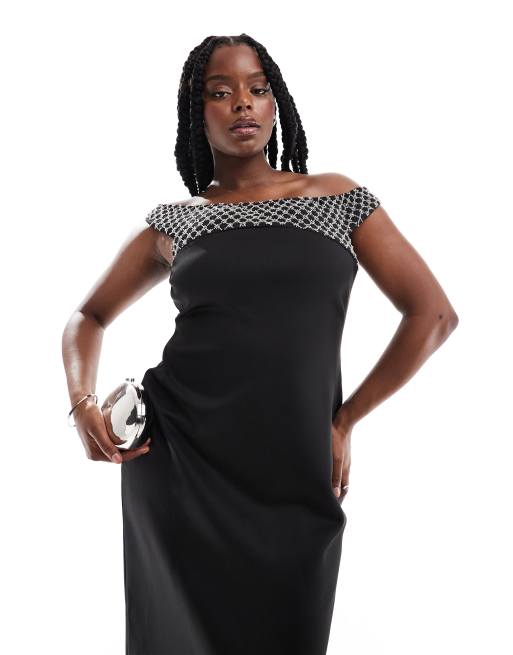 ASOS DESIGN Curve - Midi bardotjurk met versierd paneel in zwart