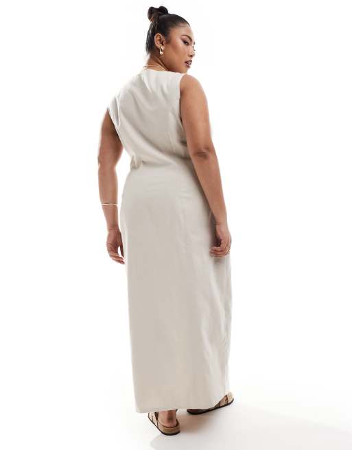 ASOS DESIGN Curve midi button through linen waistcoat dress in oat, 2 of 4
