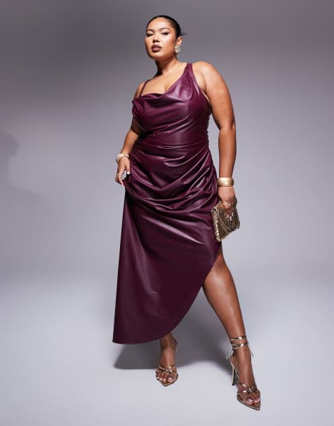 ASOS DESIGN Curve - Midi cami-jurk van PU met drapering, blote schouder en overslag in bordeauxrood - view 1