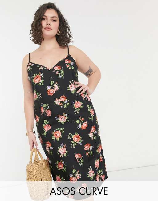 ASOS DESIGN Curve midi cami slip dress in black based floral print