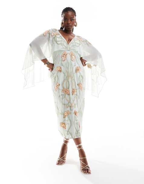 ASOS DESIGN Curve - Midi cape-jurk met bloemenversiering in saliegroen - view 1