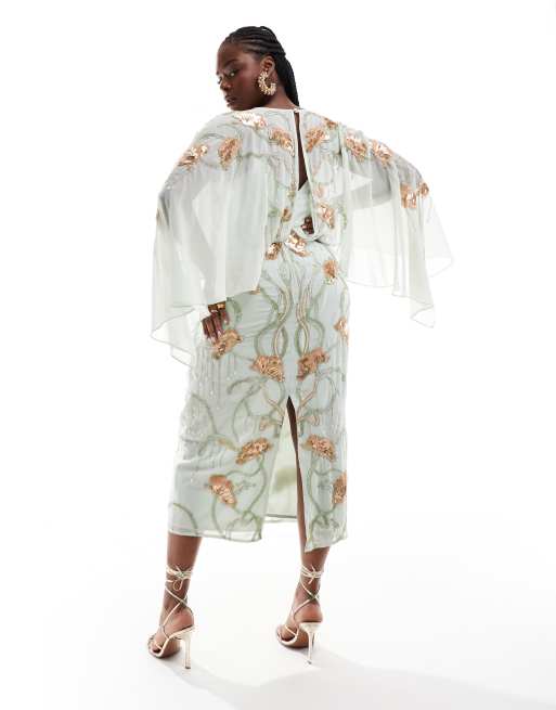 ASOS DESIGN Curve - Midi cape-jurk met bloemenversiering in saliegroen, 4 van 4