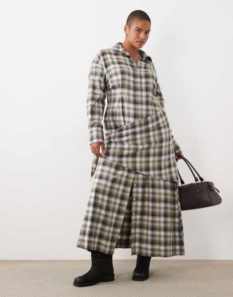 ASOS DESIGN Curve midi check shirt with scarf wrap in tan check - view 1