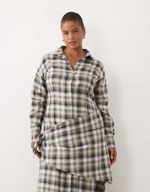 ASOS DESIGN Curve midi check shirt with scarf wrap in tan check, 2 of 4