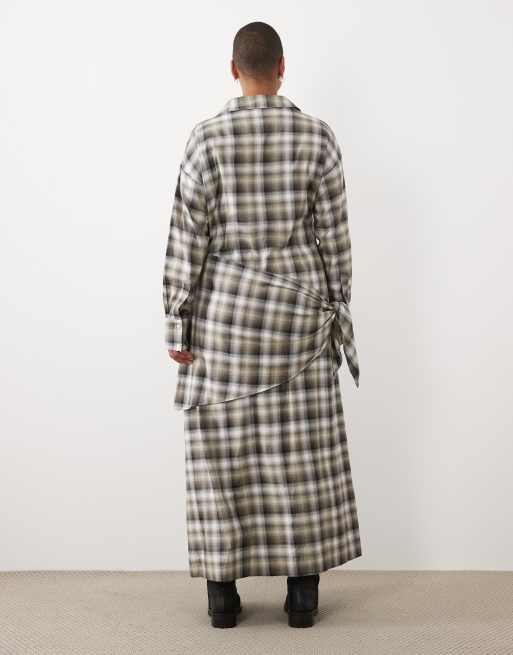 ASOS DESIGN Curve midi check shirt with scarf wrap in tan check, 4 of 4