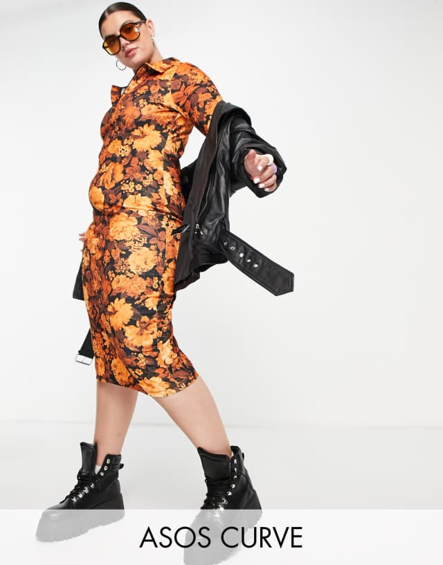 ASOS DESIGN Curve midi column dress in 70s floral