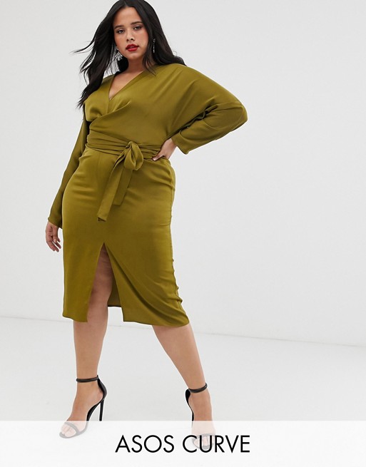 ASOS DESIGN Curve midi dress with batwing sleeve and wrap waist in satin
