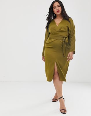 asos design midi dress with batwing sleeve and wrap waist in satin