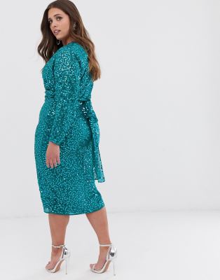 asos design midi dress with batwing sleeve and wrap waist in scatter sequin