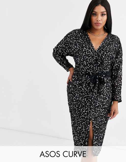 Asos design midi dress with batwing sleeve and wrap waist in scatter shop sequin