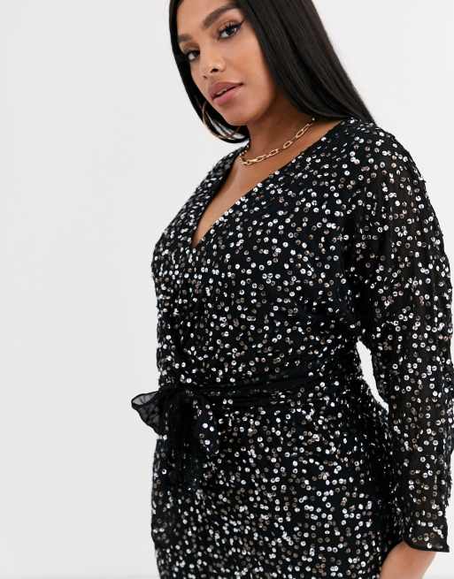 ASOS DESIGN Curve midi dress with batwing sleeve and wrap waist in scatter sequin