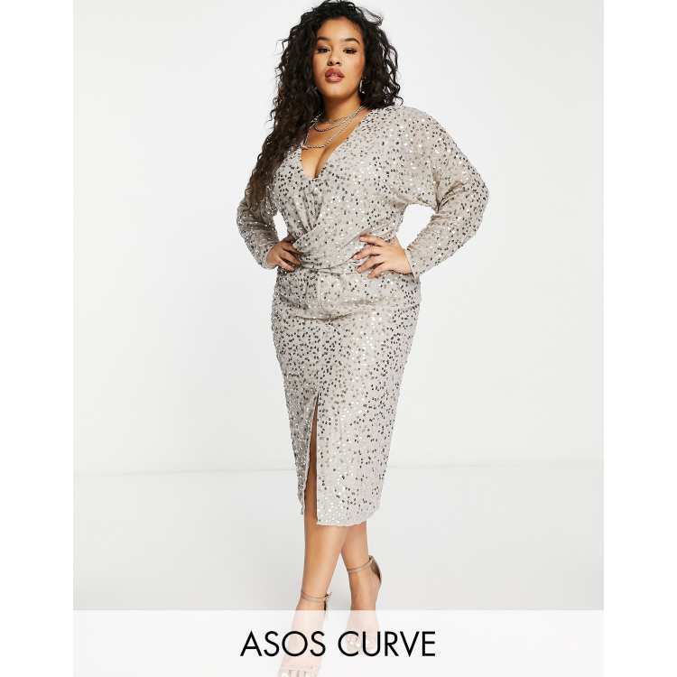 ASOS DESIGN Curve midi dress with batwing sleeve and wrap waist in scatter  sequin