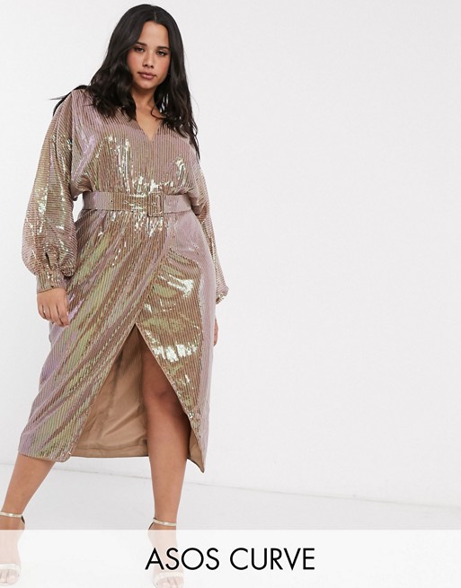 ASOS DESIGN Curve midi dress with blouson sleeve and belt in irridescent sheet sequin