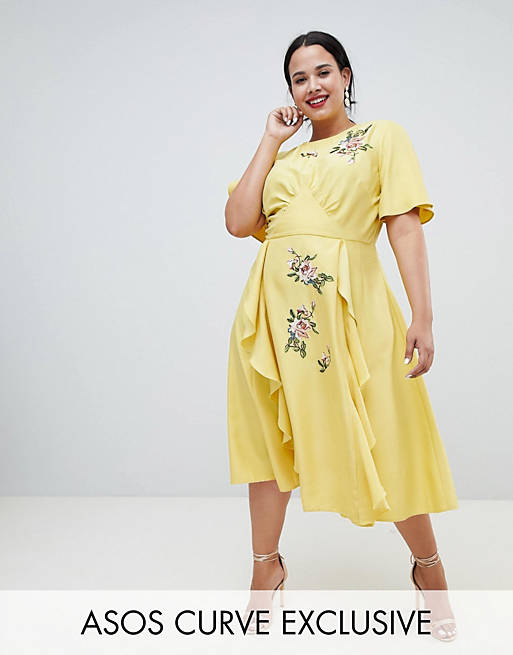 ASOS Design Curve midi dress with embroidery and ruffle detail