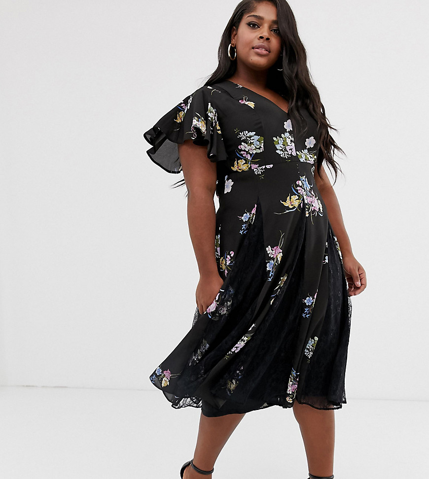 Asos Curve Asos Design Curve Midi Dress With Godet Lace Inserts In Purple Bloom Print-multi