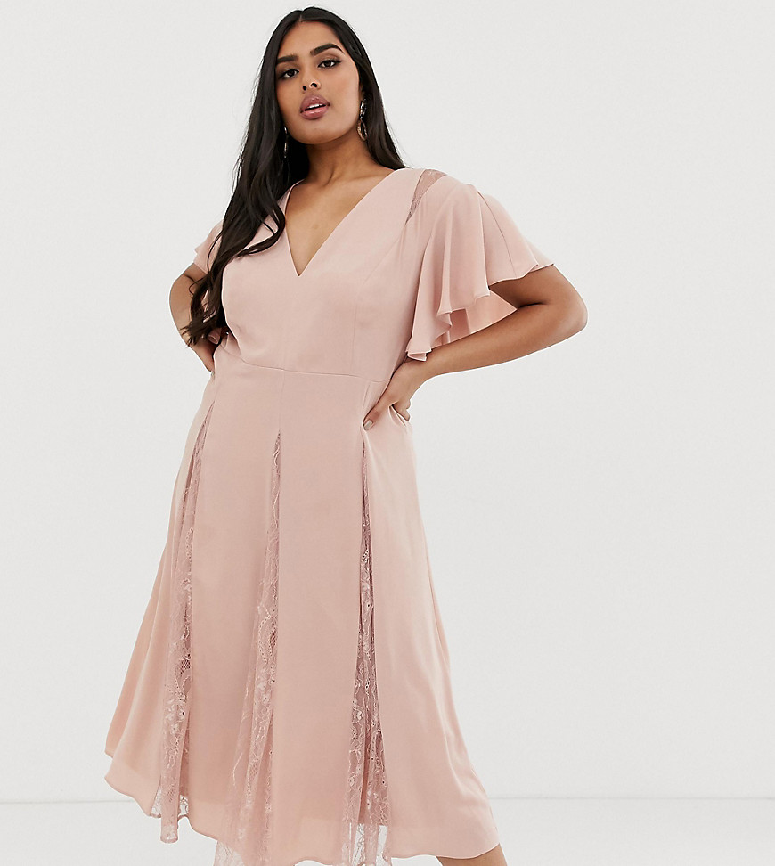 ASOS DESIGN Curve midi dress with godet lace inserts-Pink