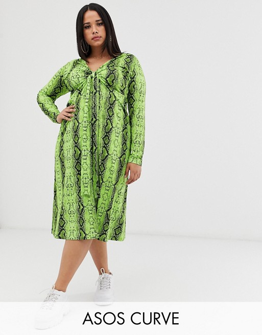 ASOS DESIGN Curve midi dress with knot front in snake print