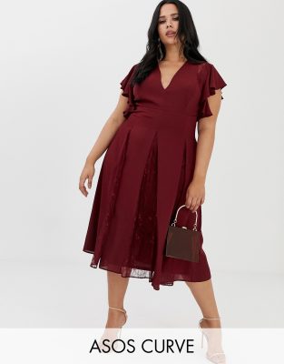 asos design midi dress with lace godet panels