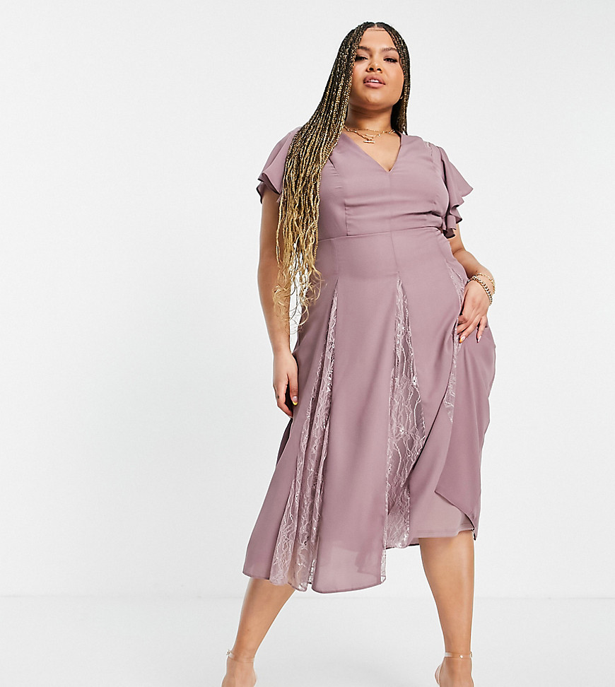 ASOS DESIGN Curve midi dress with lace godet panels-Purple