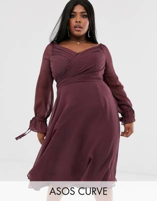 ASOS DESIGN Curve midi dress with layered skirt and wrap waist with lace trim detail-Purple