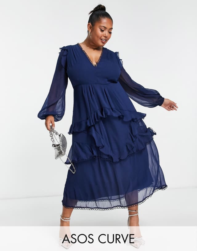 ASOS DESIGN Curve midi dress with long sleeve and circle trim in navy