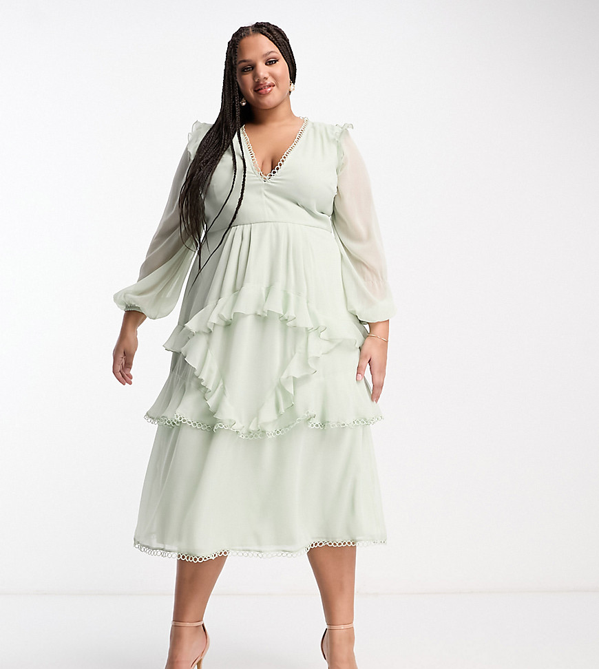 Asos Curve Asos Design Curve Midi Dress With Long Sleeve And Circle Trim In Sage Green