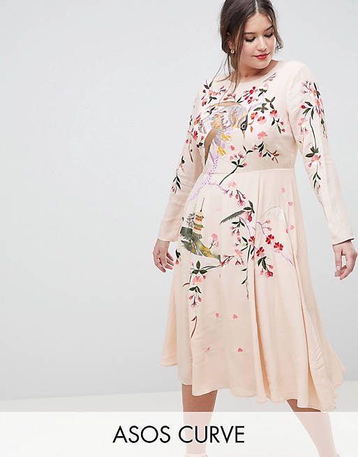 ASOS DESIGN Curve midi dress with pretty floral and bird embroidery