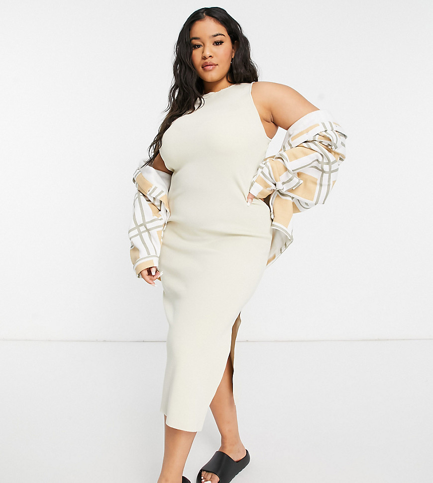 Asos Curve Asos Design Curve Midi Dress With Racer Back In Stone-neutral
