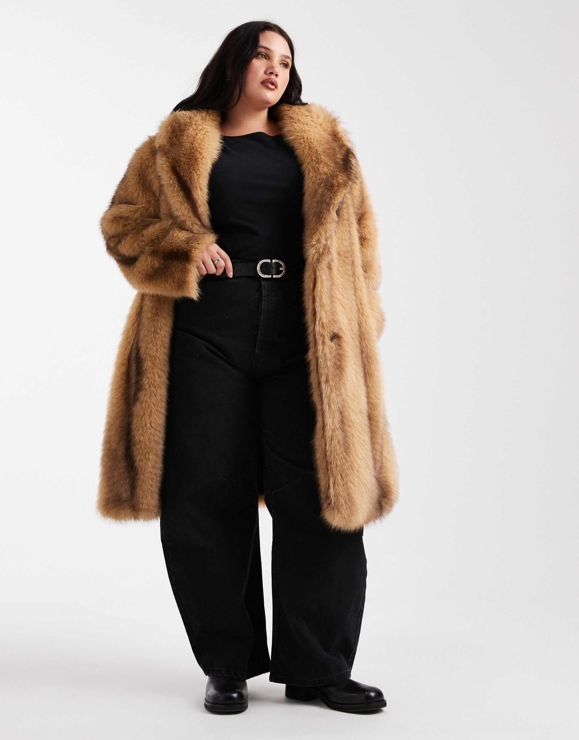 asos design curve midi faux fur coat in orange stripe