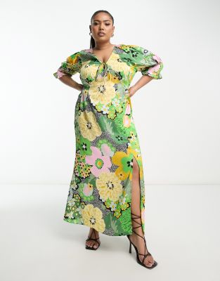 ASOS DESIGN Curve - Midi-Freizeitkleid aus Satin mit Blumenprint, Bindedetail vorne und gerafften Bündchen-Bunt