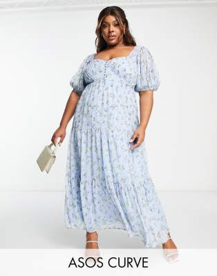 ASOS DESIGN Curve - Midi-Freizeitkleid in Blau mit Blümchenmuster und Spitzeneinsatz-Bunt