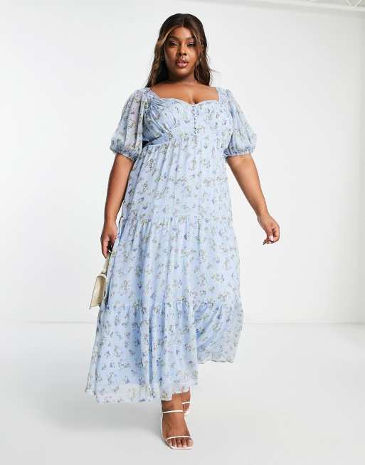 ASOS DESIGN Curve Midi Freizeitkleid in Blau mit Blumchenmuster und Spitzeneinsatz ASOS