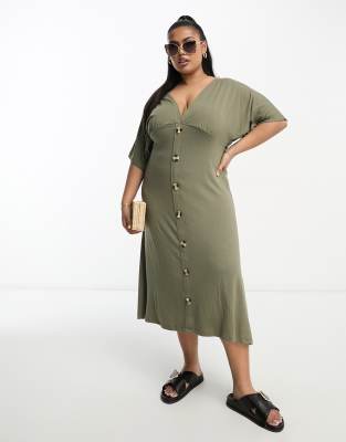 ASOS DESIGN Curve - Midi-Freizeitkleid in Khaki mit Knöpfen und Flatterärmeln-Grün