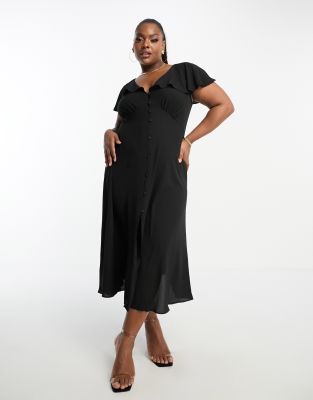 ASOS DESIGN Curve - Midi-Freizeitkleid in Schwarz mit Knöpfen und Flatterärmeln-Black