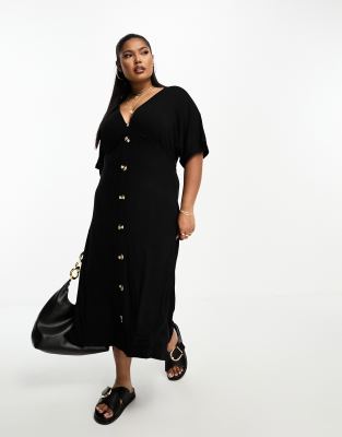 ASOS DESIGN Curve - Midi-Freizeitkleid in Schwarz mit Knöpfen und Flatterärmeln-Black